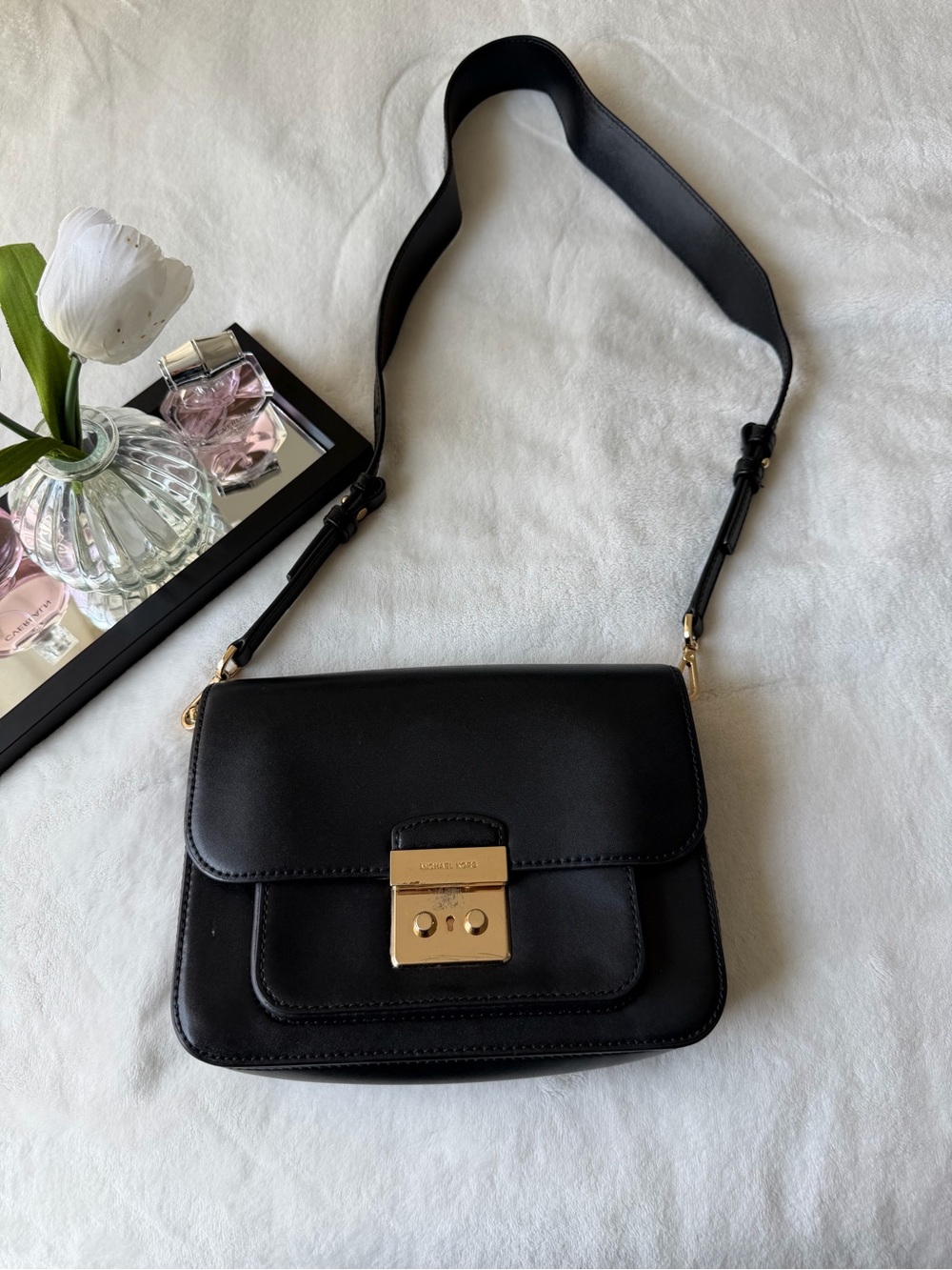 Michael Kors Black Leather Crossbody with Gold Lock